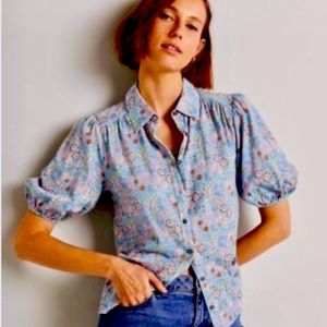 Boden puff sleeve jersey shirt in Dusty Blue Wildflower